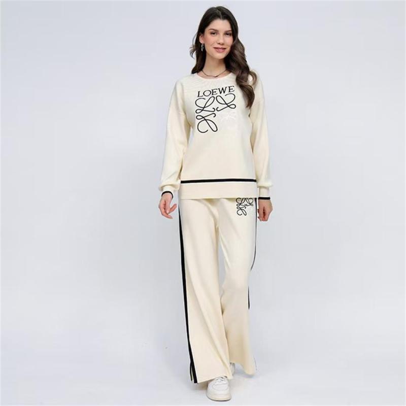 Apricot Embroidered O-Neck Knitted Top Two Pieces Wide Leg Casual Fashion Pant Sets