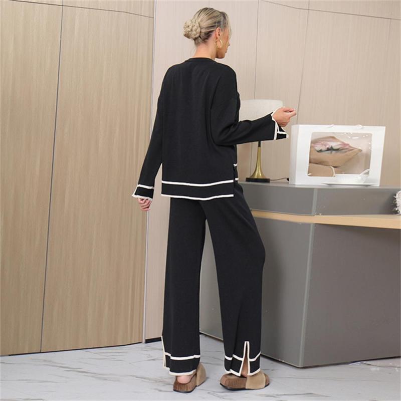 Black Women's Patchwork Slit Side Long Sleeve Knitted Two Pieces Wide Leg Pant Sets