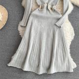 Gray Long Sleeve Knitted Button Elegant Fashion Pleated A-Line Maxi Dress
