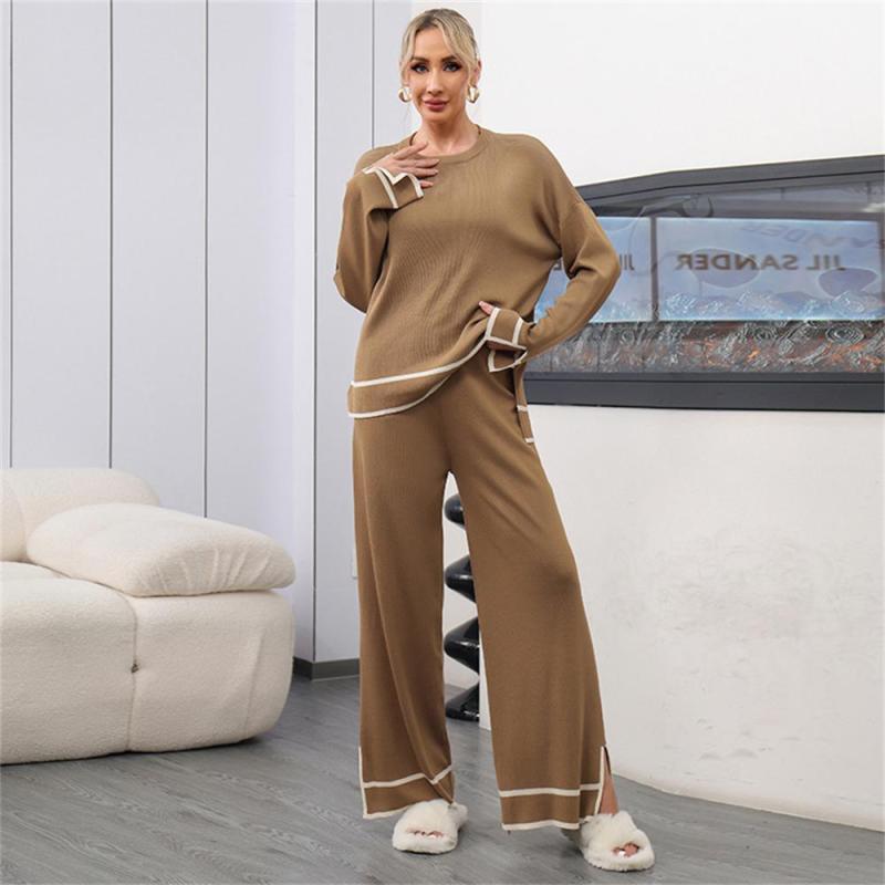 Camel Women's Patchwork Slit Side Long Sleeve Knitted Two Pieces Wide Leg Pant Sets