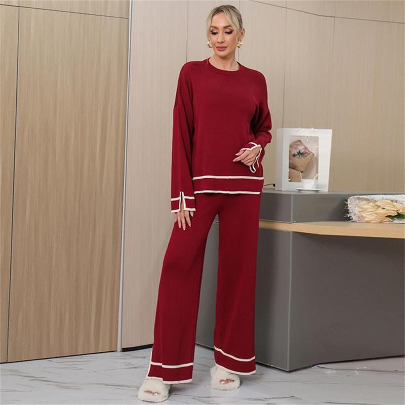 Red Women's Patchwork Slit Side Long Sleeve Knitted Two Pieces Wide Leg Pant Sets