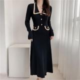 Black Long Sleeve Knitted Button Elegant Fashion Pleated A-Line Maxi Dress