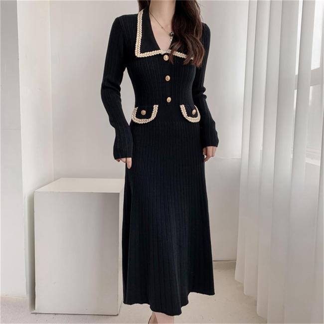 Black Long Sleeve Knitted Button Elegant Fashion Pleated A-Line Maxi Dress