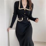 Black Long Sleeve Knitted Button Elegant Fashion Pleated A-Line Maxi Dress