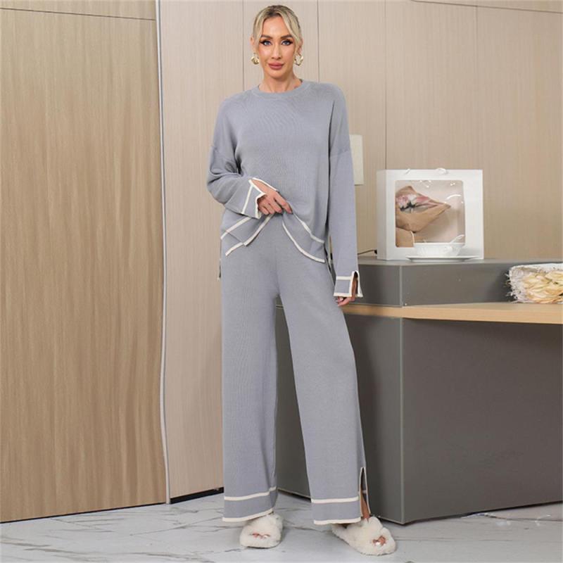 Beige Women's Patchwork Slit Side Long Sleeve Knitted Two Pieces Wide Leg Pant Sets