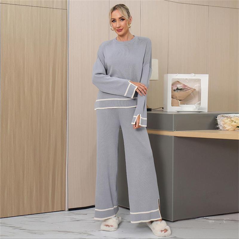 Beige Women's Patchwork Slit Side Long Sleeve Knitted Two Pieces Wide Leg Pant Sets