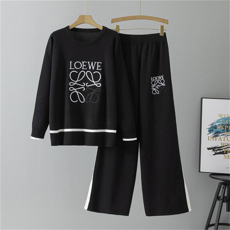 Black Embroidered O-Neck Knitted Top Two Pieces Wide Leg Casual Fashion Pant Sets