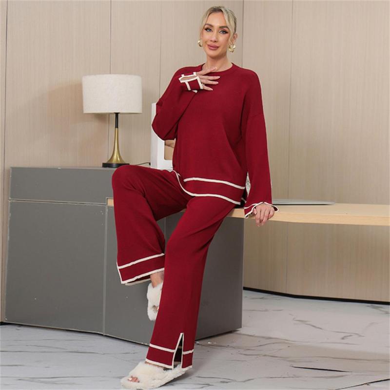 Red Women's Patchwork Slit Side Long Sleeve Knitted Two Pieces Wide Leg Pant Sets