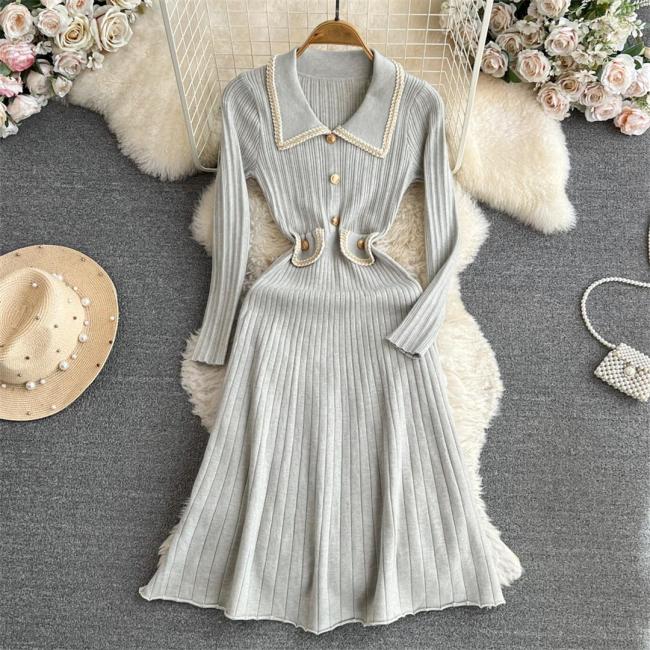 Gray Long Sleeve Knitted Button Elegant Fashion Pleated A-Line Maxi Dress