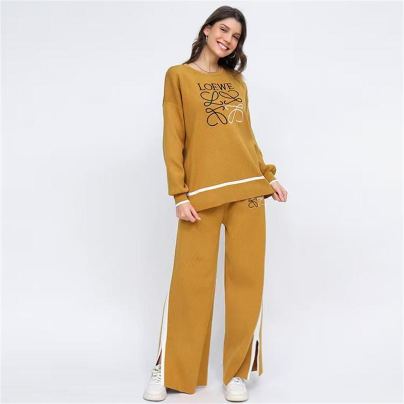 Camel Embroidered O-Neck Knitted Top Two Pieces Wide Leg Casual Fashion Pant Sets