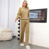 Camel POLO Long Sleeve Knitted Two Pieces Women's Wide Leg Pant Sets