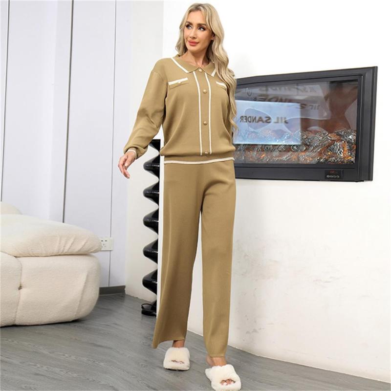 Camel POLO Long Sleeve Knitted Two Pieces Women's Wide Leg Pant Sets