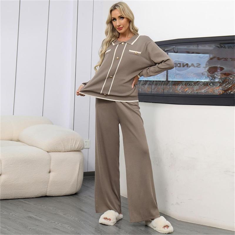Brown POLO Long Sleeve Knitted Two Pieces Women's Wide Leg Pant Sets