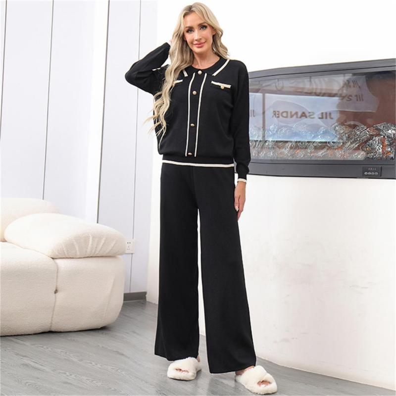 Black POLO Long Sleeve Knitted Two Pieces Women's Wide Leg Pant Sets