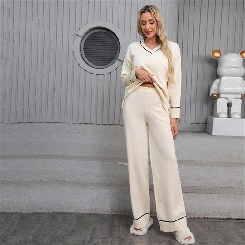 Apricot V Neck Knitted Two Pieces Sweaters Casual Elegant Pant Sets