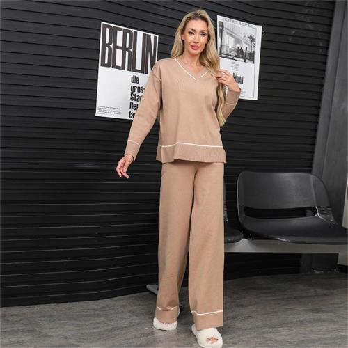 Khaki V Neck Knitted Two Pieces Sweaters Casual Elegant Pant Sets
