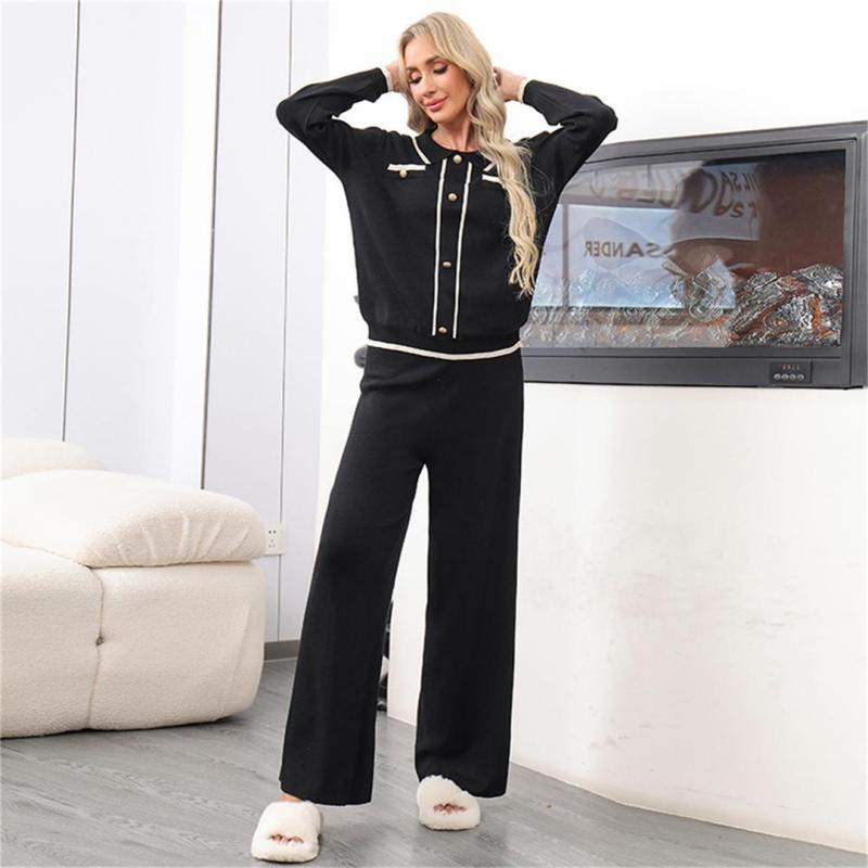 Black POLO Long Sleeve Knitted Two Pieces Women's Wide Leg Pant Sets