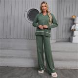 Green V Neck Knitted Two Pieces Sweaters Casual Elegant Pant Sets
