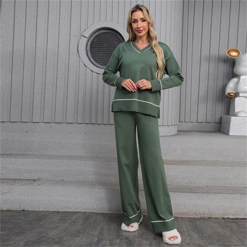Green V Neck Knitted Two Pieces Sweaters Casual Elegant Pant Sets