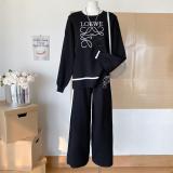 Black Embroidered O-Neck Knitted Top Two Pieces Wide Leg Casual Fashion Pant Sets