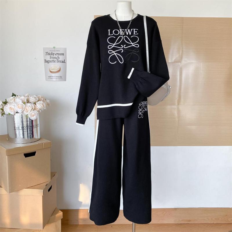 Black Embroidered O-Neck Knitted Top Two Pieces Wide Leg Casual Fashion Pant Sets