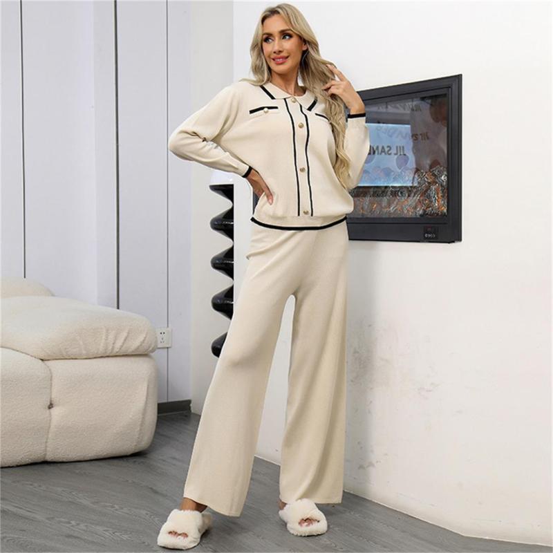 Beige POLO Long Sleeve Knitted Two Pieces Women's Wide Leg Pant Sets