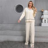 Apricot V Neck Knitted Two Pieces Sweaters Casual Elegant Pant Sets