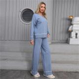 Blue V Neck Knitted Two Pieces Sweaters Casual Elegant Pant Sets