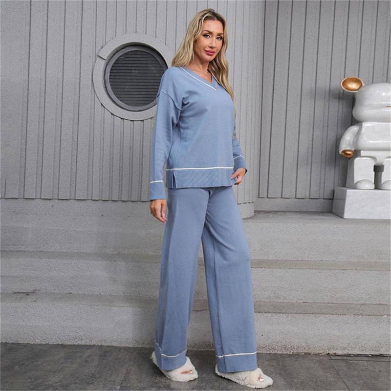 Blue V Neck Knitted Two Pieces Sweaters Casual Elegant Pant Sets