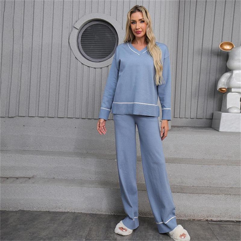 Blue V Neck Knitted Two Pieces Sweaters Casual Elegant Pant Sets