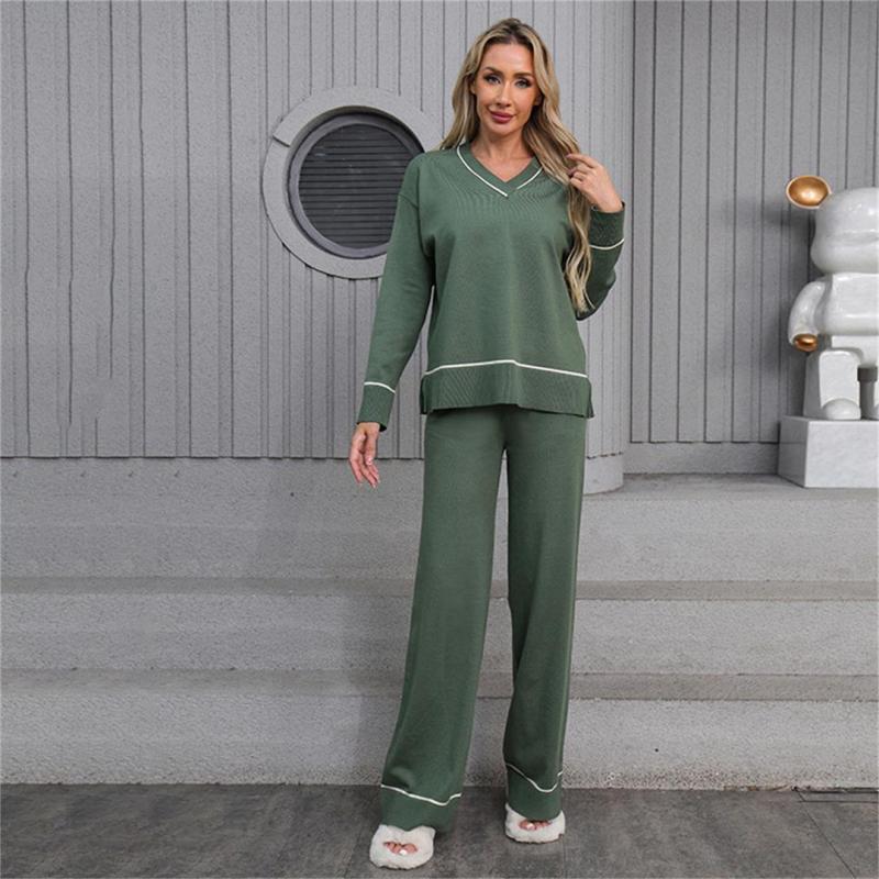 Green V Neck Knitted Two Pieces Sweaters Casual Elegant Pant Sets