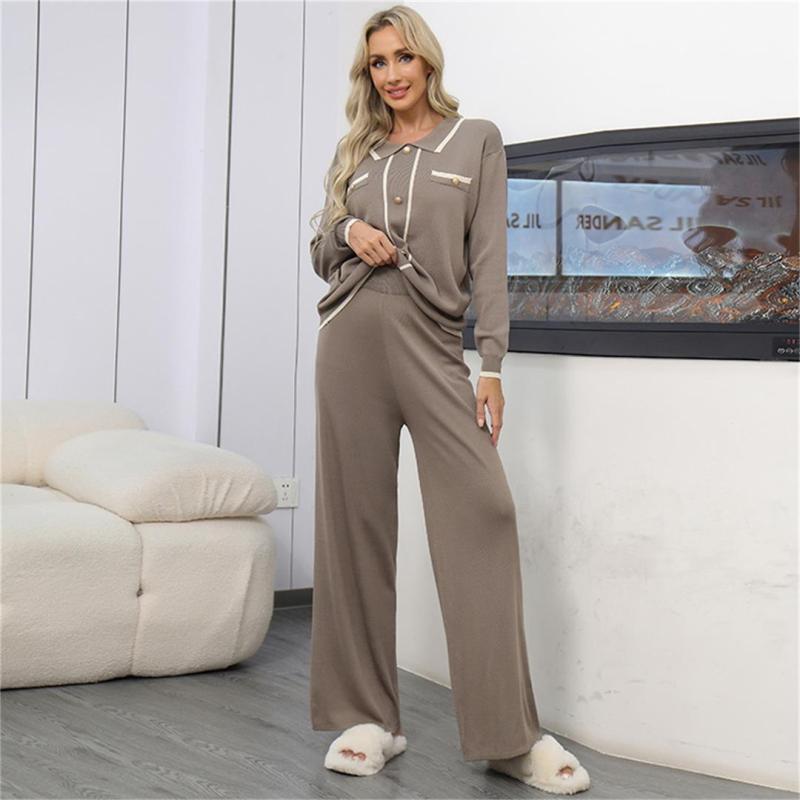 Brown POLO Long Sleeve Knitted Two Pieces Women's Wide Leg Pant Sets