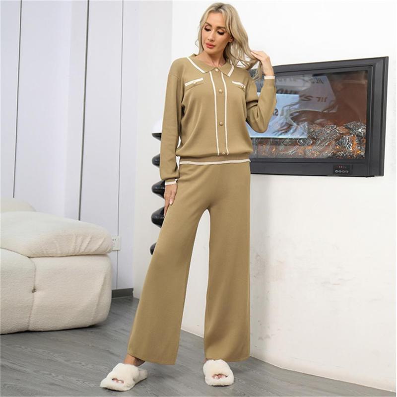Camel POLO Long Sleeve Knitted Two Pieces Women's Wide Leg Pant Sets