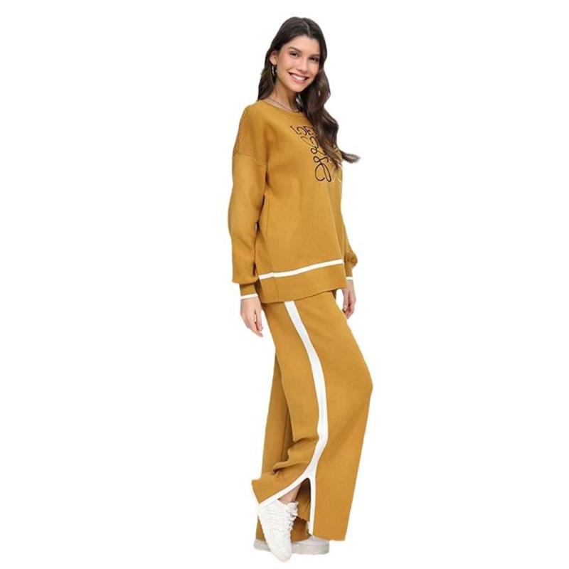 Camel Embroidered O-Neck Knitted Top Two Pieces Wide Leg Casual Fashion Pant Sets