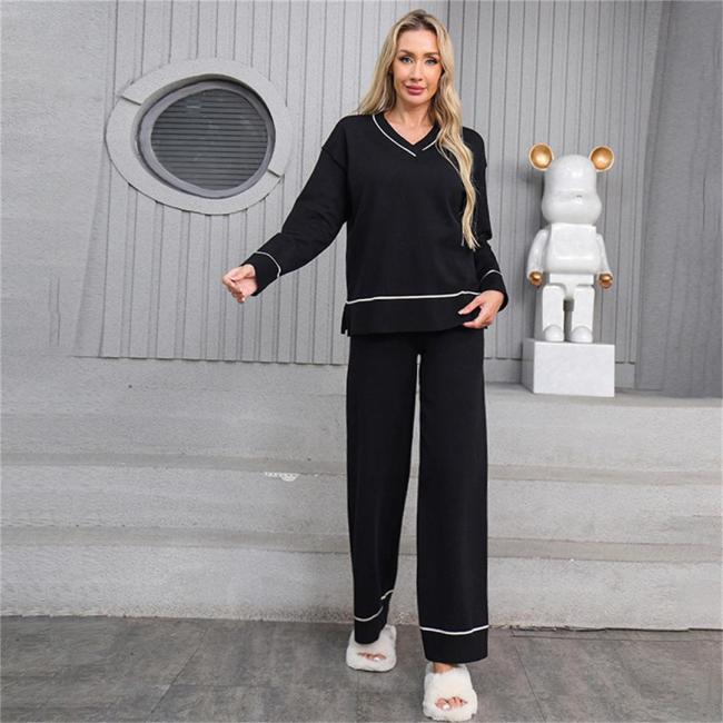 Black V Neck Knitted Two Pieces Sweaters Casual Elegant Pant Sets