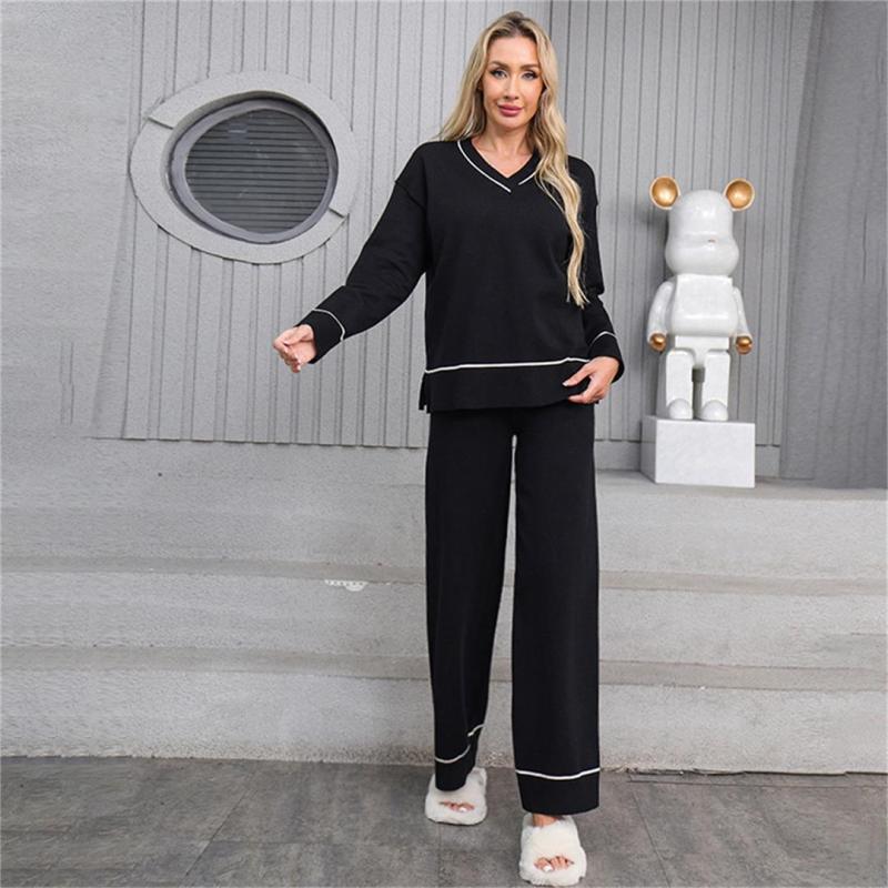 Black V Neck Knitted Two Pieces Sweaters Casual Elegant Pant Sets