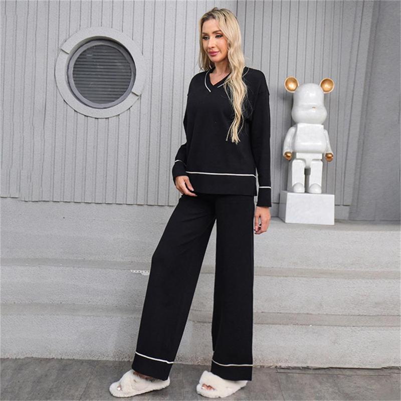Black V Neck Knitted Two Pieces Sweaters Casual Elegant Pant Sets