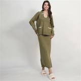 Green Long Sleeve V Neck Pullover Two Pieces Knit Fashion Casual Formal Midi Dress