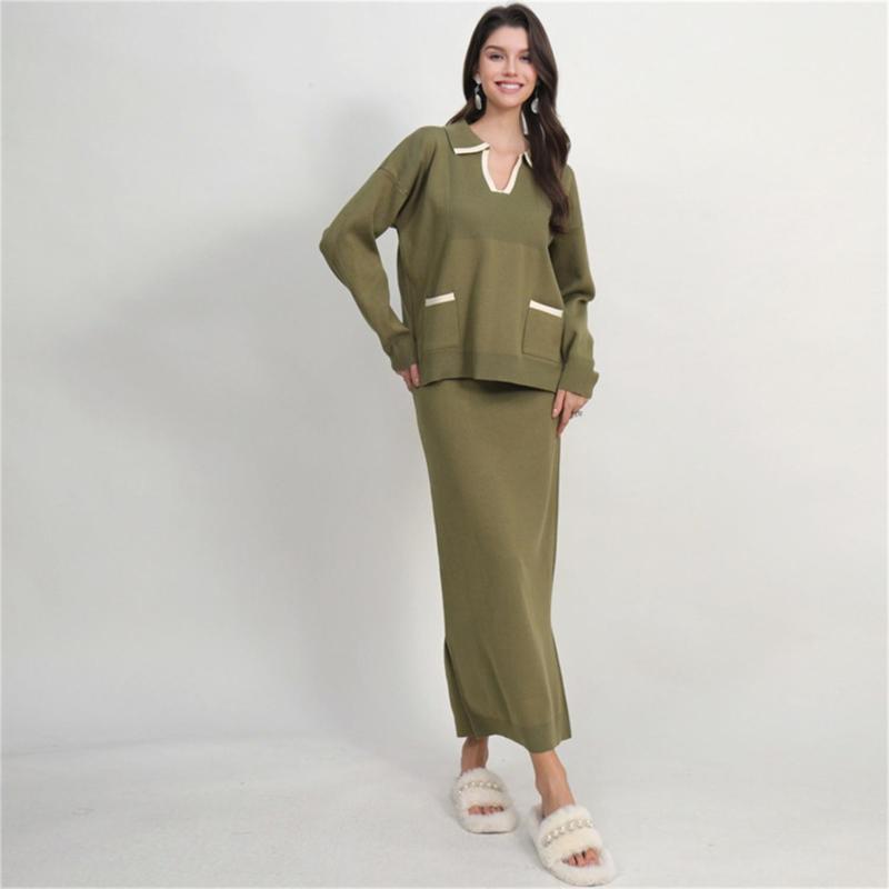 Green Long Sleeve V Neck Pullover Two Pieces Knit Fashion Casual Formal Midi Dress