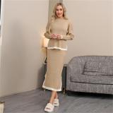 Khaki Women's Two Pieces Knitted Pullover Casual Office Lady Formal Skirt Dress Set