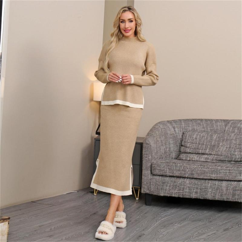 Khaki Women's Two Pieces Knitted Pullover Casual Office Lady Formal Skirt Dress Set