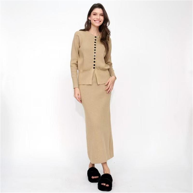 Camel Two Pieces Buttons Cardigan Pullover Knitted Casual Office Lady Formal Skirt Dress