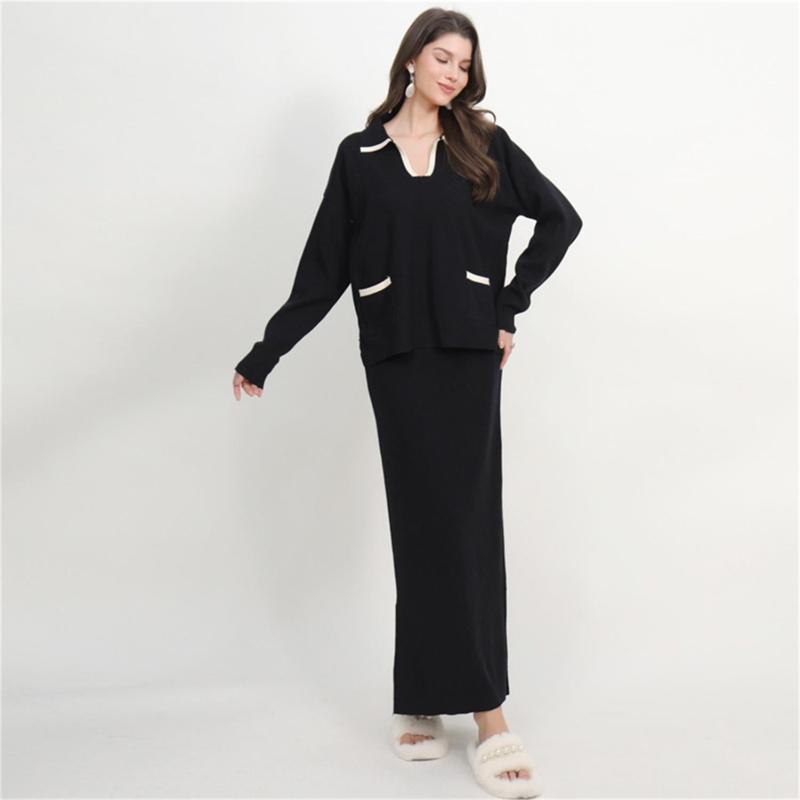 Black Long Sleeve V Neck Pullover Two Pieces Knit Fashion Casual Formal Midi Dress