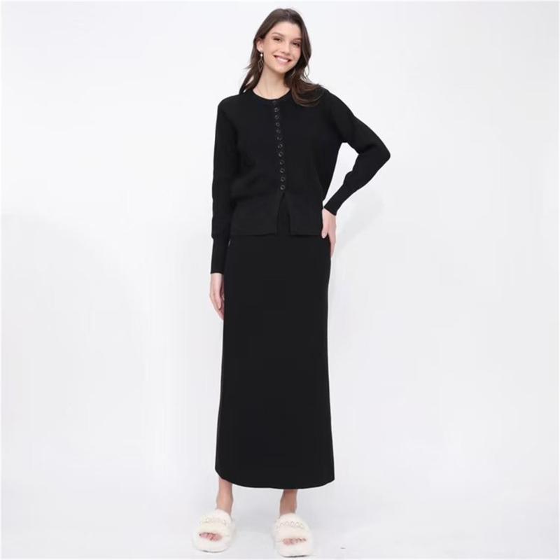 Black Two Pieces Buttons Cardigan Pullover Knitted Casual Office Lady Formal Skirt Dress