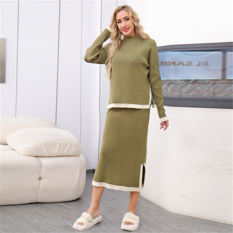 Green Women's Two Pieces Knitted Pullover Casual Office Lady Formal Skirt Dress Set