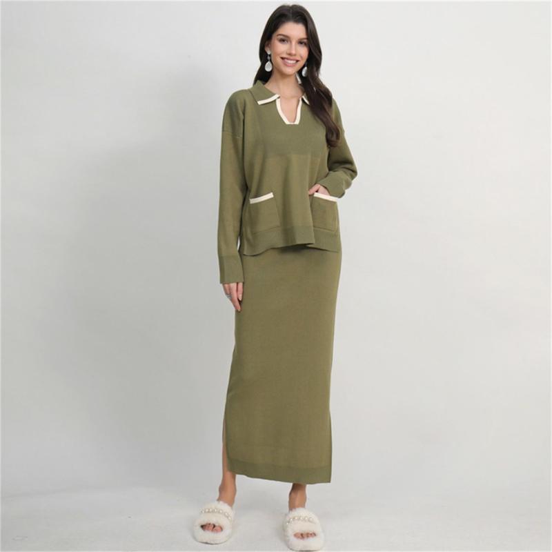 Green Long Sleeve V Neck Pullover Two Pieces Knit Fashion Casual Formal Midi Dress