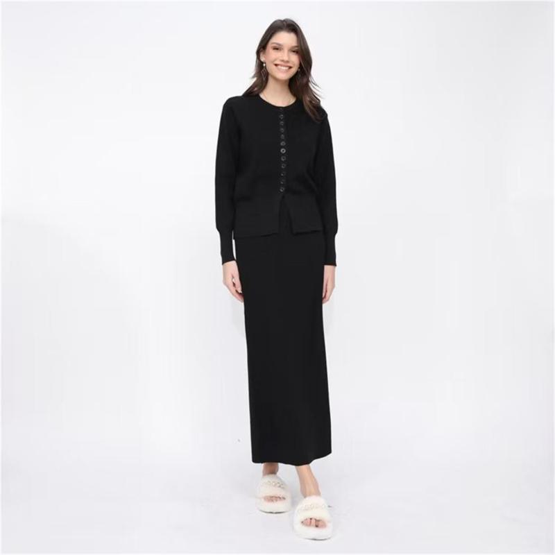 Black Two Pieces Buttons Cardigan Pullover Knitted Casual Office Lady Formal Skirt Dress