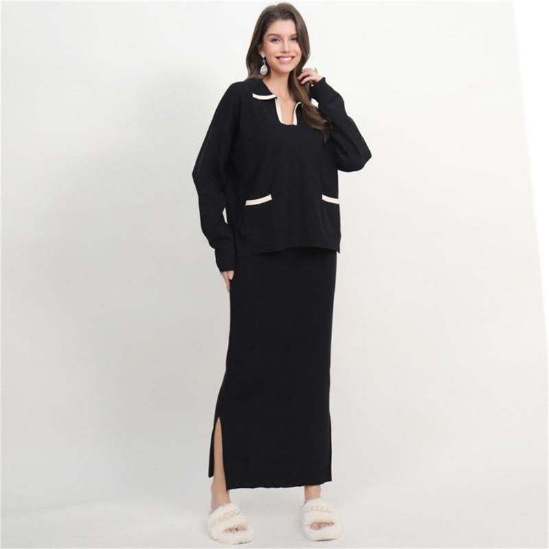 Black Long Sleeve V Neck Pullover Two Pieces Knit Fashion Casual Formal Midi Dress