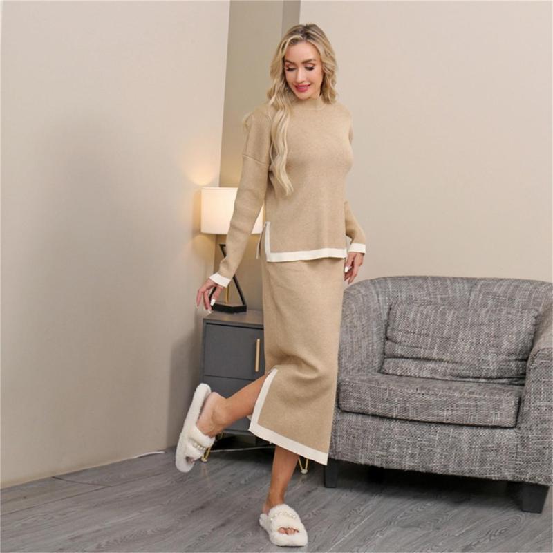 Khaki Women's Two Pieces Knitted Pullover Casual Office Lady Formal Skirt Dress Set