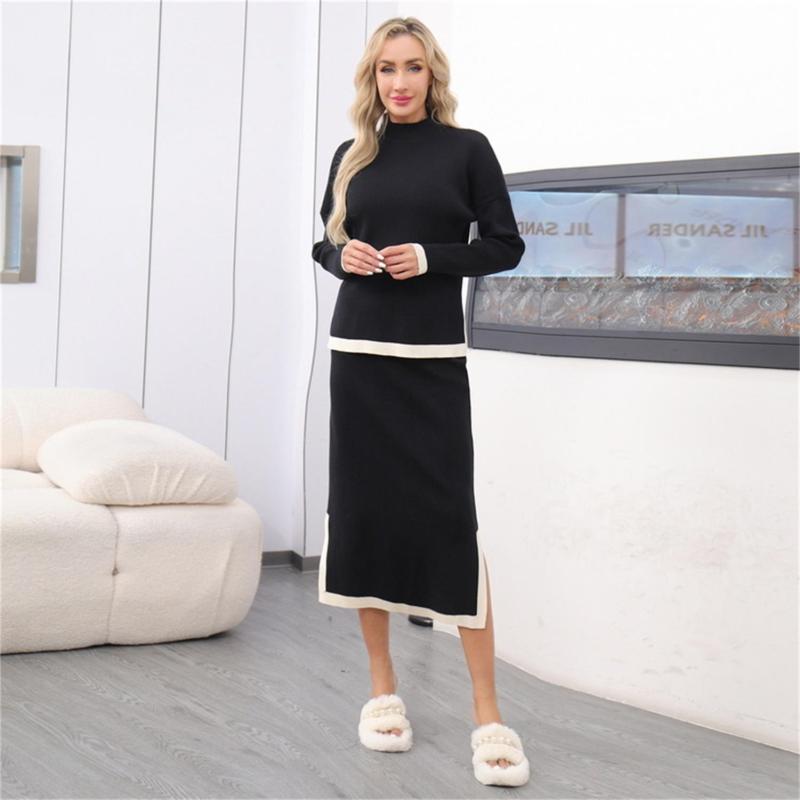 Black Women's Two Pieces Knitted Pullover Casual Office Lady Formal Skirt Dress Set